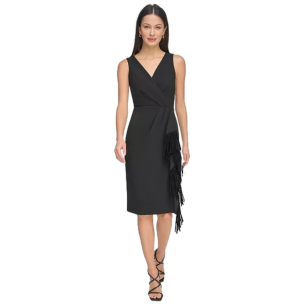 DKNY Black Party‎ Women's Fringe-Trimmed V-Neck Sleeveless Midi Dress Size 4